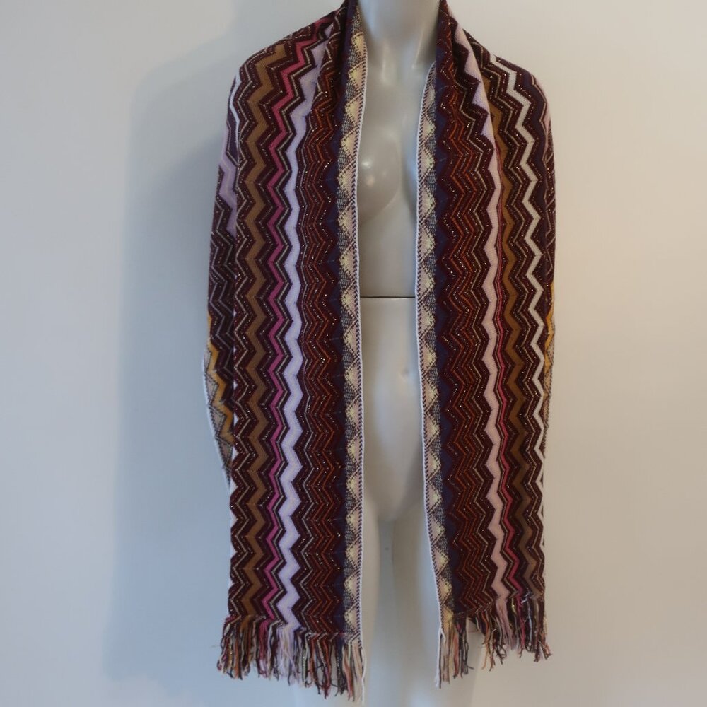 Missoni Zigzag Fringe Scarf in Burgundy, Pink, Gold, Cream